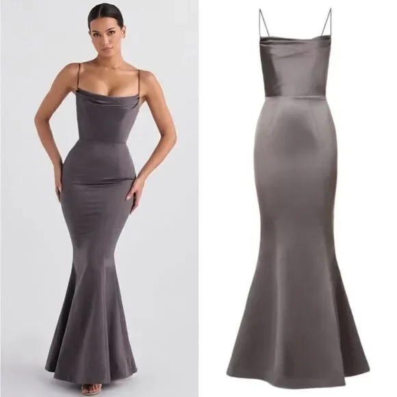 NWT House of CB 'Violette' Shadow Grey Satin Fishtail Maxi Gown XS